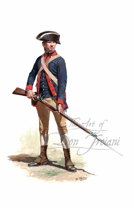Private of the 2nd New Jersey Regiment. Painting of a colonial soldier holding a rifle on a white background