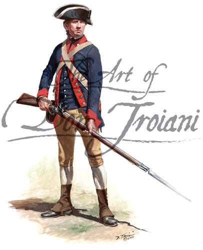 Don Troiani wall art print Private of the 2nd New Jersey Regiment. Soldier is wearing blue jacket and holding a musket with bayonet.