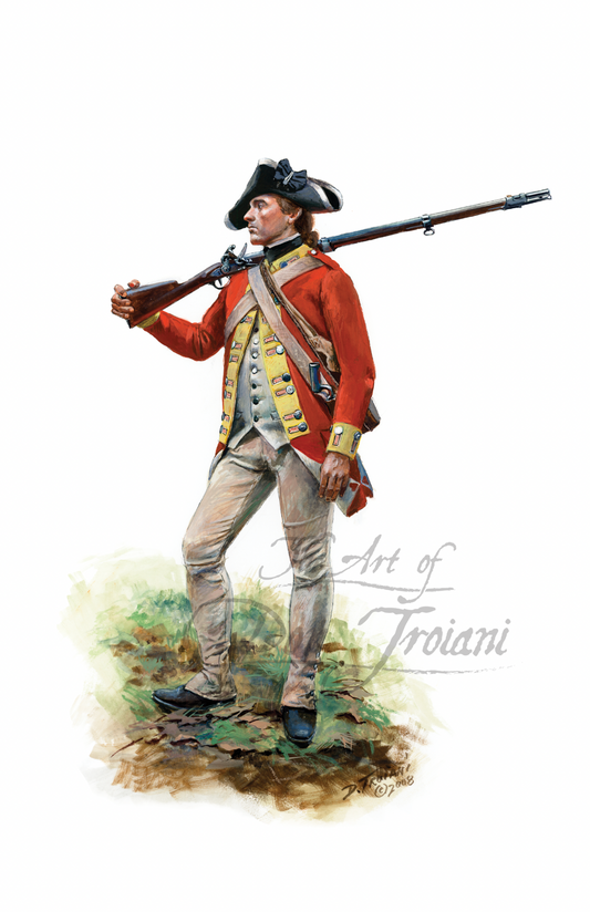 Artistic depiction of a soldier in colonial American uniform holding a rifle.