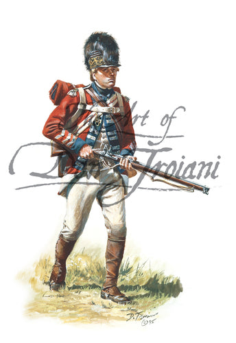Don Troiani wall art print 16th Queens Light Dragoon. Solider is wearing a red coat.