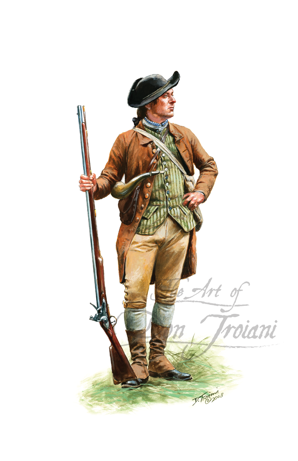 American Militiaman. Illustration of a colonial soldier holding a rifle on a white background
