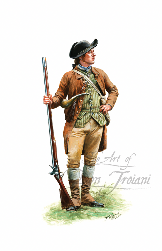 American Militiaman. Illustration of a colonial soldier holding a rifle on a white background