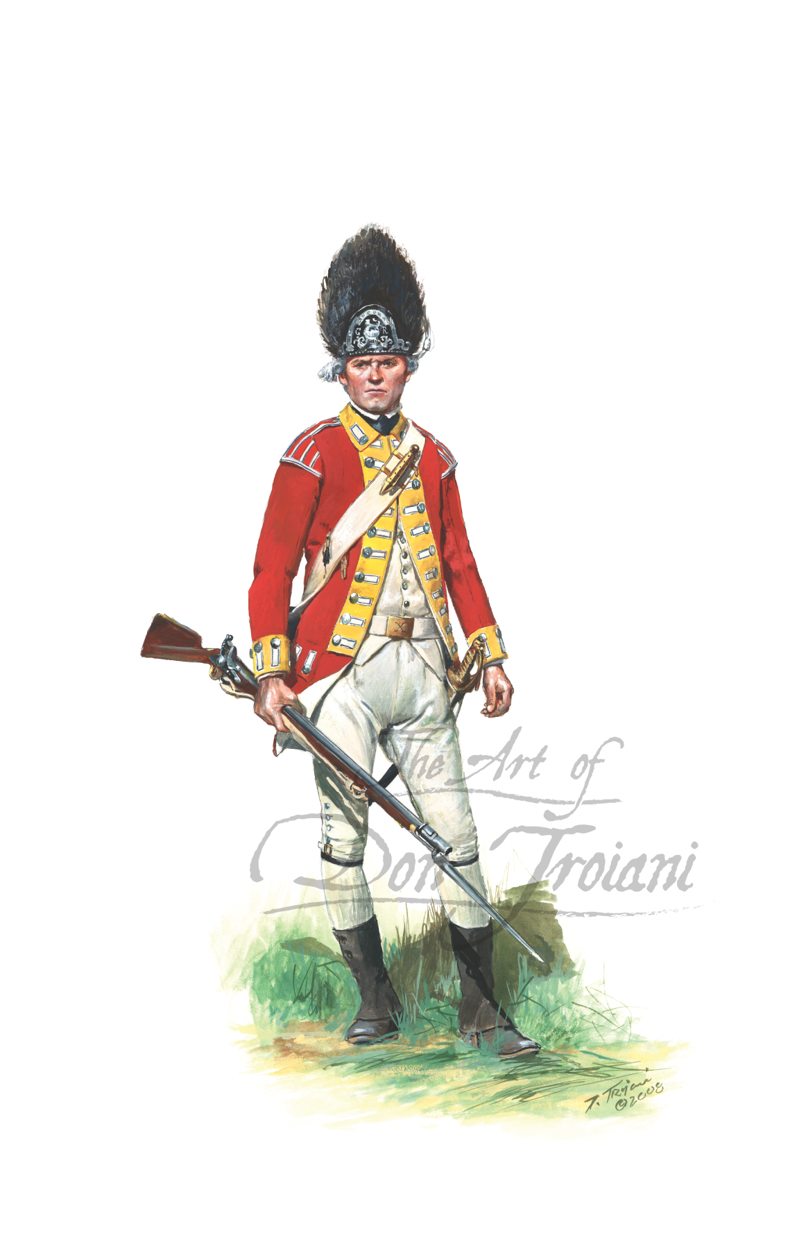 Illustration of a British soldier in red uniform with a rifle, standing on grass.