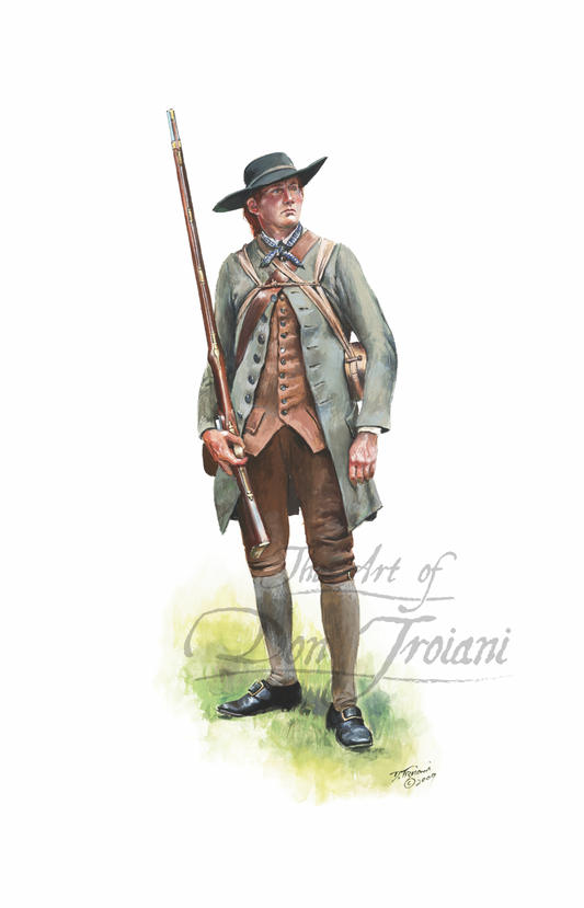 Illustration of a Revolutionary War soldier in uniform with a rifle.
