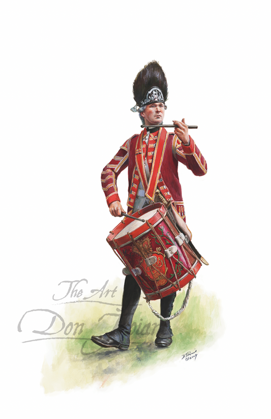 British Drummer. Illustration of a drummer in a red uniform with a drum, holding a pipe, on a white background.