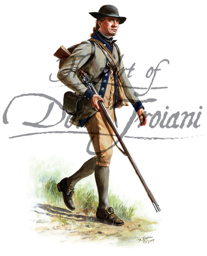 Don Troiani wall art print Continental Army 4th New York Battalion. Soldier is wearing grey and blue jacket holding musket.