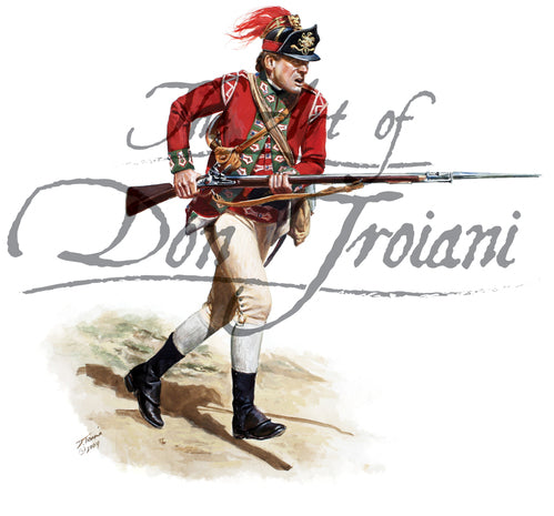 Don Troiani wall art print 5th Regiment of Foot 1775. Soldier is charging with musket and bayonet.
