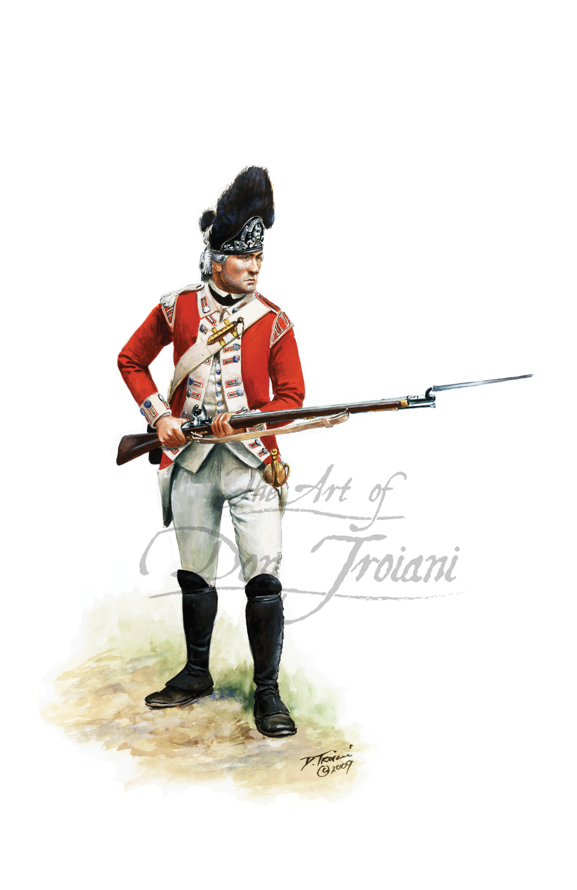 Artistic depiction of a soldier in historical military uniform holding a rifle on a white background.