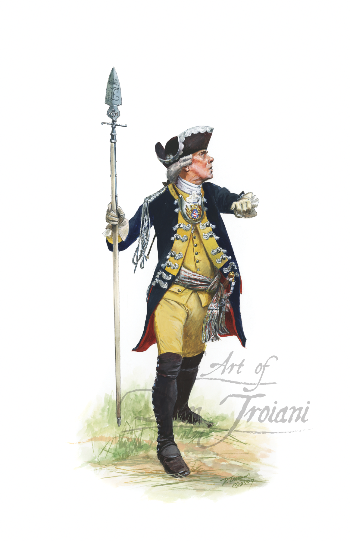 Illustration of a historical figure in formal attire holding a spear on a white background.