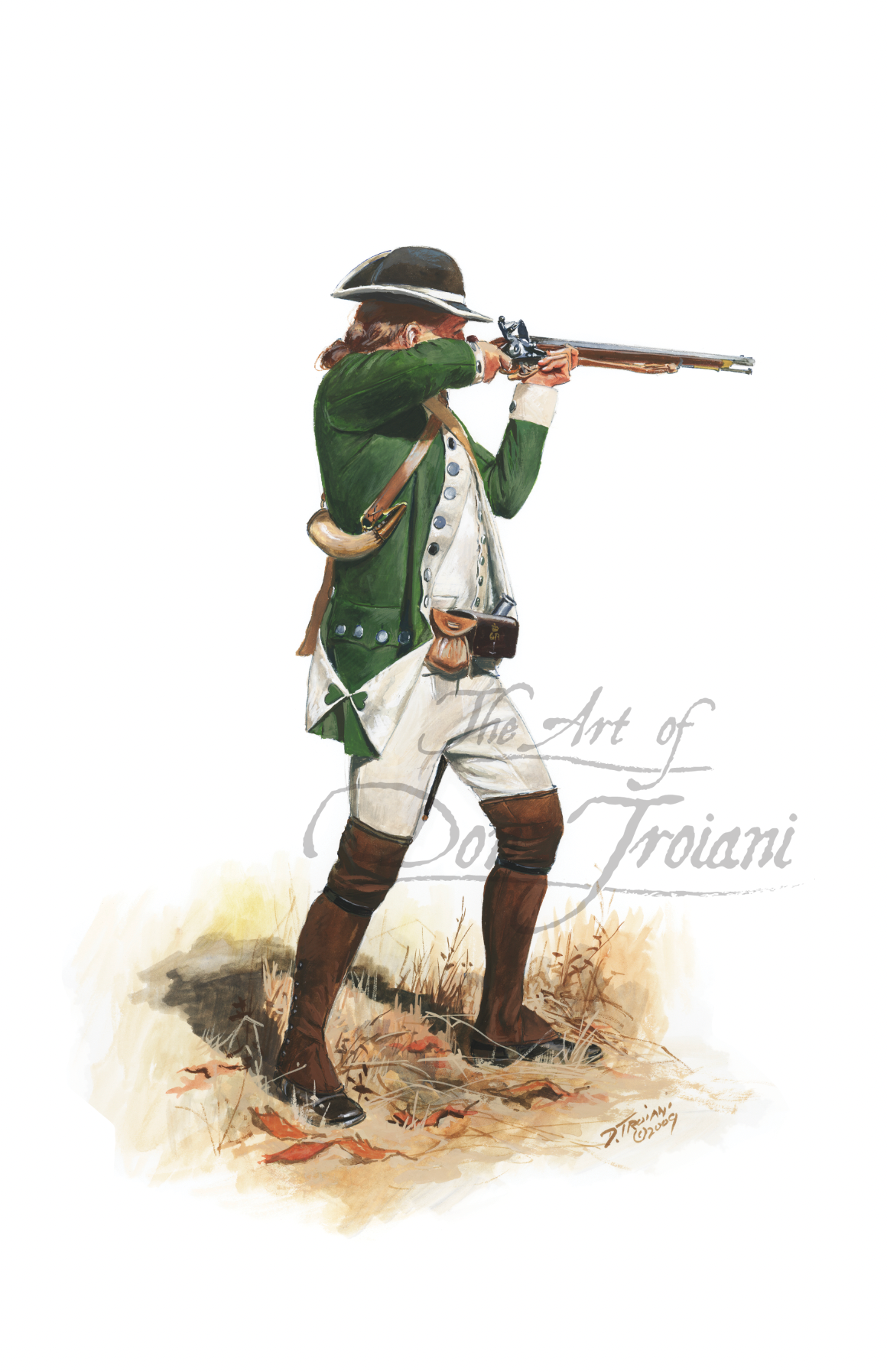 Loyalist: Private, Royal Fencible Americans  Illustration of a Revolutionary War soldier in uniform with a rifle,