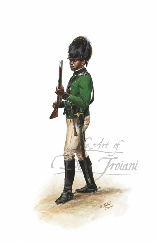 Trooper, Black Dragoons. Illustration of a soldier in green uniform with a rifle, signed 'The Art of Troiani'.