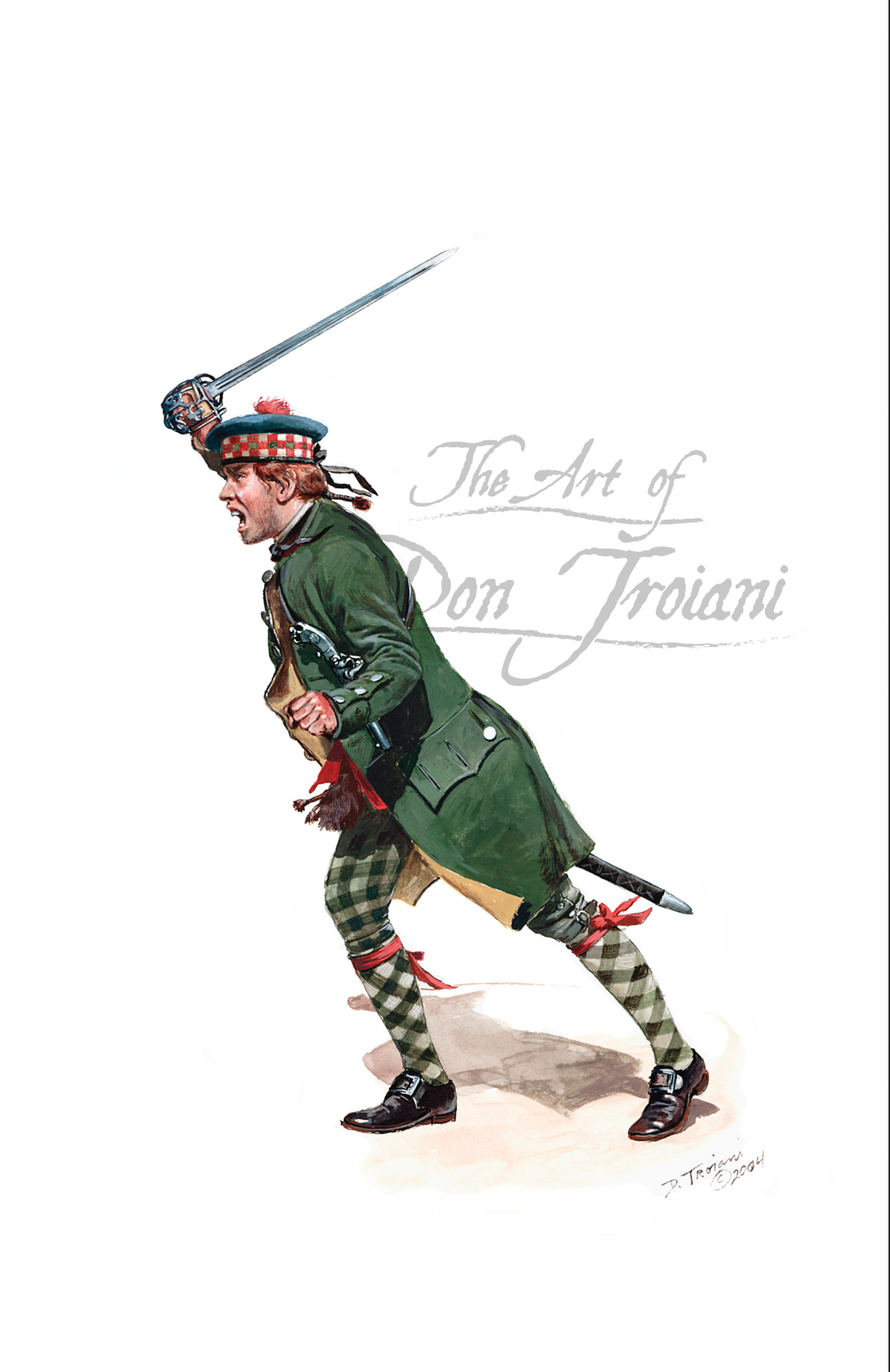 Illustration of a character in Scottish attire with a sword, signed 'The Art of Don Troiani'.