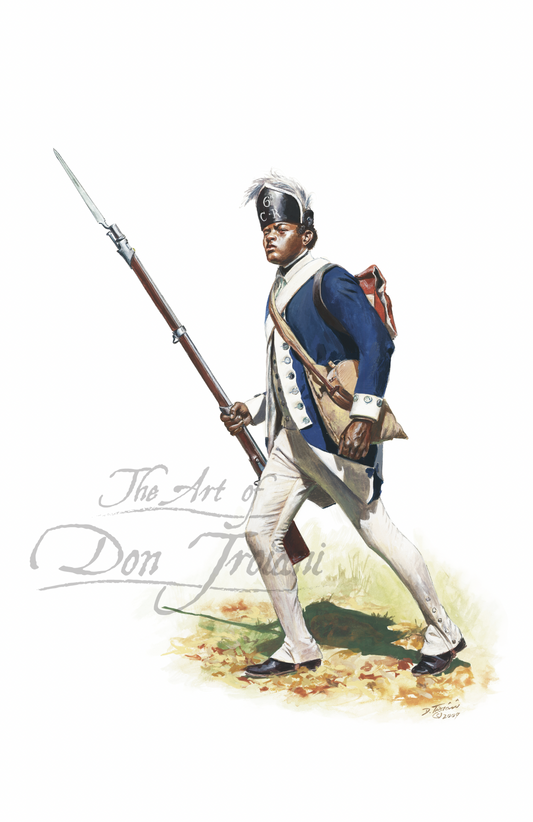 Artistic depiction of a soldier in historical uniform holding a rifle on a white background.