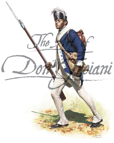 Don Troiani wall art print "Continental Black Soldier". Black soldier is wearing white uniform and blue jacker. Soldier is carrying a musket and bayonet.