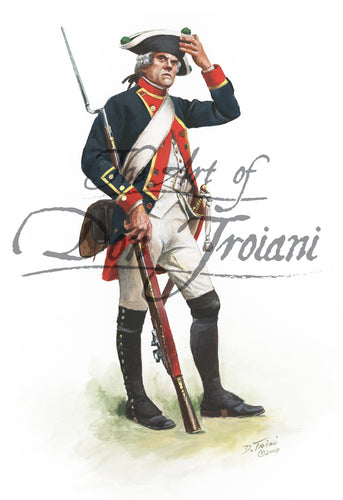 Don Troiani wall art print Prinz Carl Musketeer. Soldier is wearing a blue and red coat.