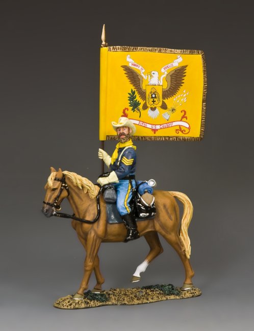 King & Country 5th U.S. Cavalry Regimental Flagbearer mounted figure holding regimental standard, John Ford Cavalry series, 1/30 scale