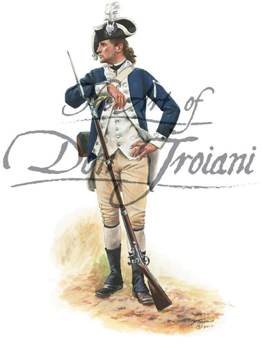 Wall art print of 9th Massachusetts Regiment. Soldier is posing with musket and bayonet. He is wearing an all white uniform with blue jacket.