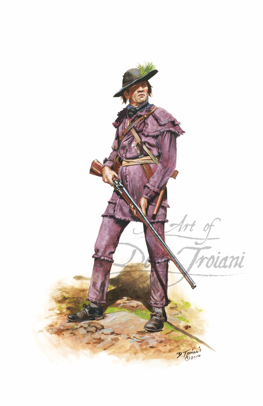 Clark's Volunteer Rifle Company. Artistic depiction of a character in a purple outfit with a hat, holding a rifle on a white background.
