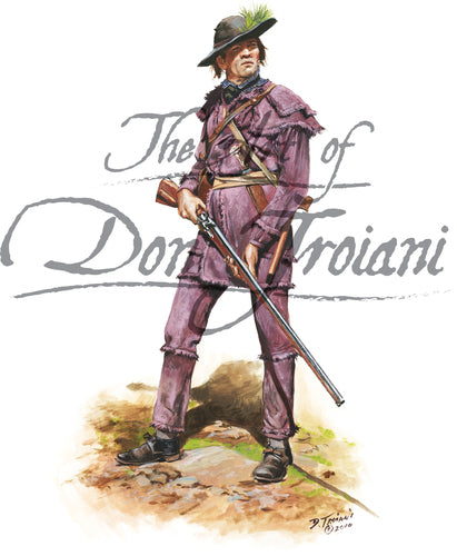 Wall art print of Clark's Volunteer Rifle Company. Soldier is wearing a purple uniform. Print has water mark Don Troiani. 