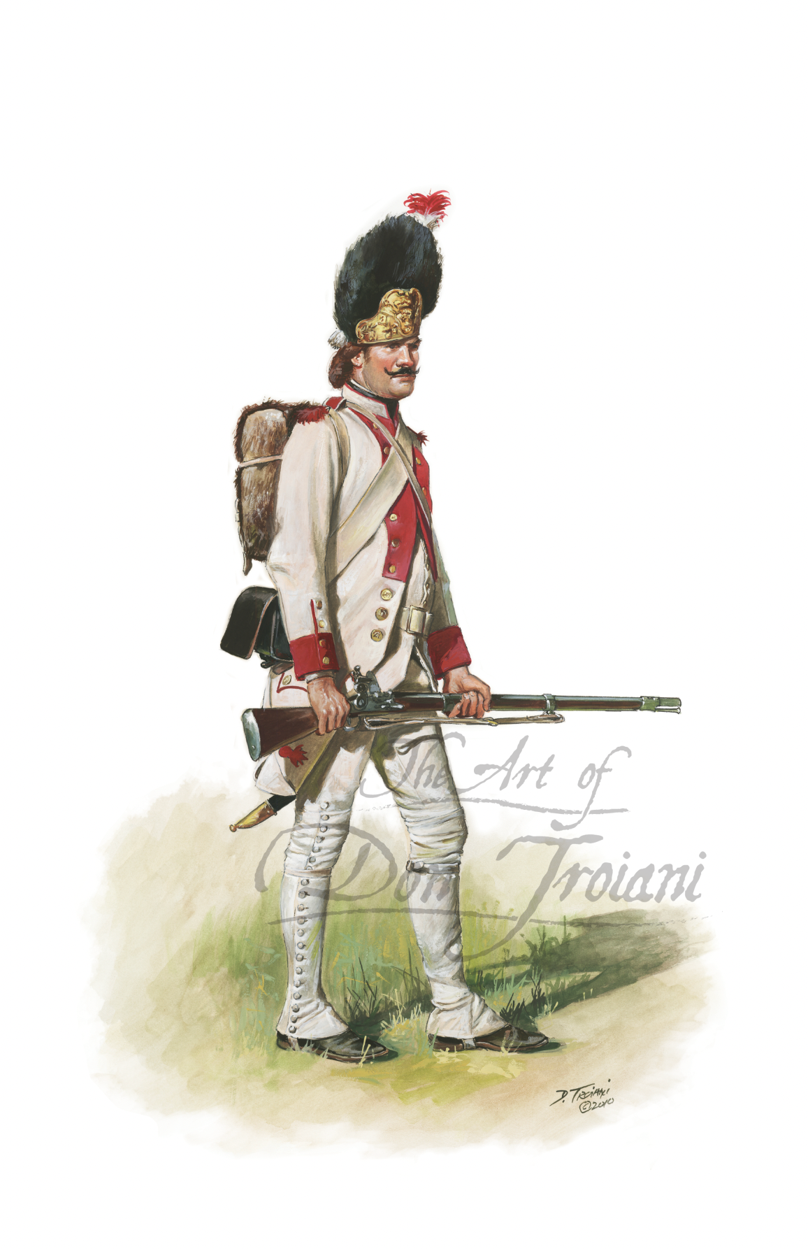 French Grenadier Sergeant. Illustration of a soldier in historical military uniform with a rifle.