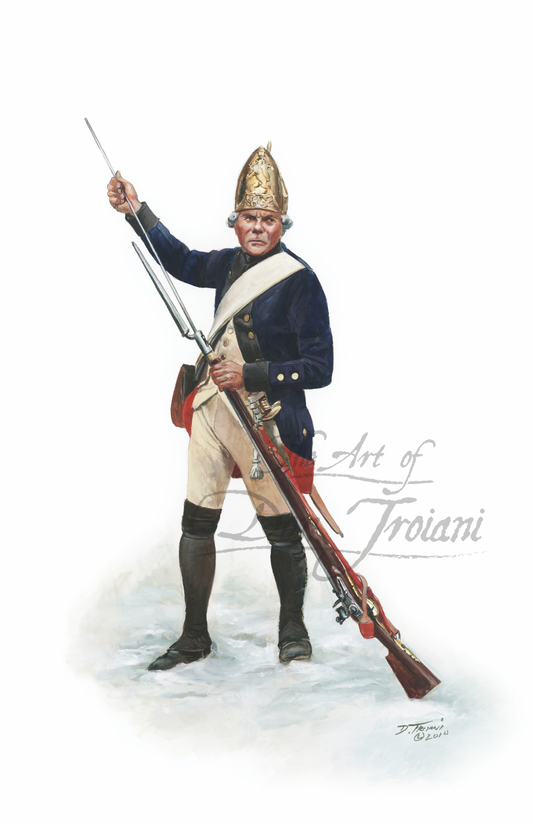 Artistic depiction of a soldier in historical uniform holding a rifle on a white background.