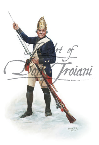 Don Troiani wall art print Fusilier Regiment von Knyphausen. Soldier is wearing gold hat.