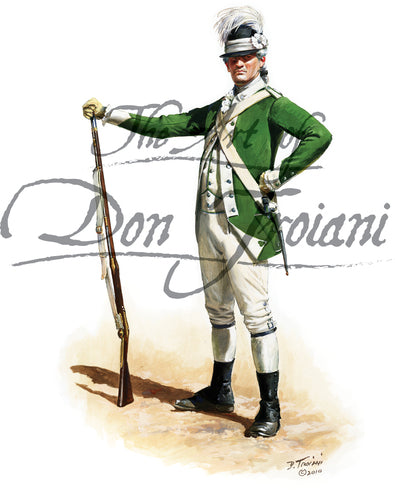 Don Troiani wall art print Philadelphia Associators. Soldier is posing with musket while wearing a white uniform and green jacket.