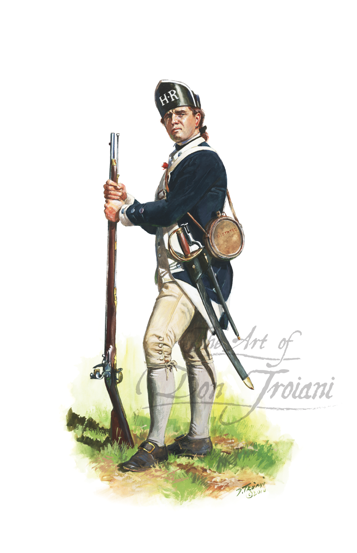 Sergeant of Hartley's Additional Regiment. Illustration of a soldier in historical military uniform holding rifles on a grassy background.