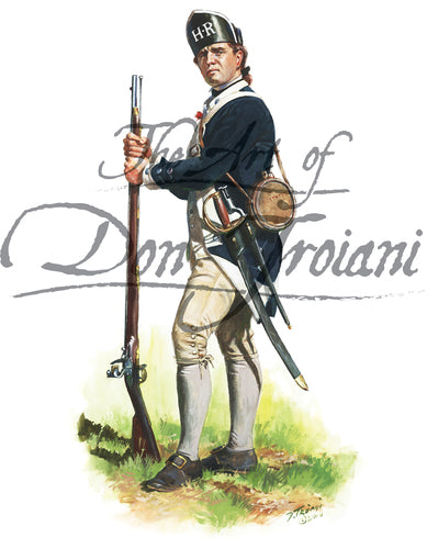 Don Troiani wall art print "Sergeant of Hartley's Additional Regiment". Soldier is posing with musket. He is wearing a white uniform with blue jacket and a sword.