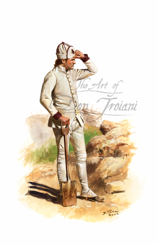 French Private Gatinois Regiment. Artistic depiction of a person in historical attire with tools.