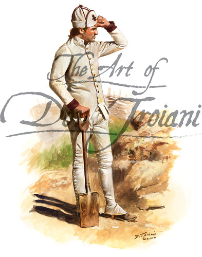 Don Troiani wall art print French Private Gatinois  Regiment. Soldier is in all white uniform holding a shovel.