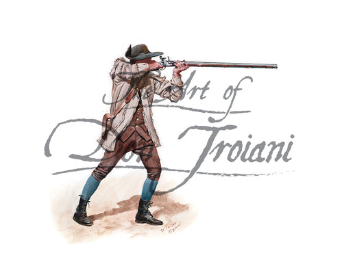 Don Troinai wall art print North Carolina Militia Moore's Creek Bridge. Soldier is wearing a brown uniform and is aiming a musket.