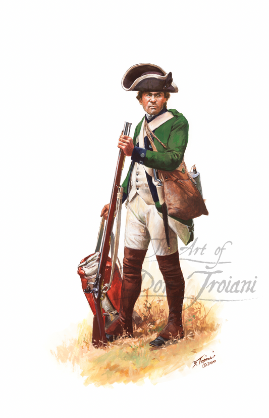 Prince Of Wales Regiment. Artistic depiction of a Revolutionary War soldier holding a rifle on a white background.