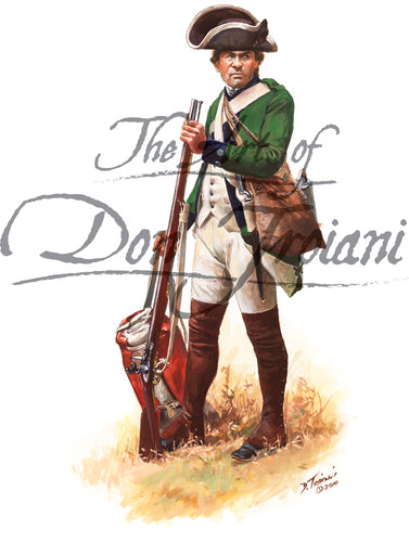 Don Troiani wall art print Prince of Wales Regiment Loyalist Private. He is carrying a red bag.