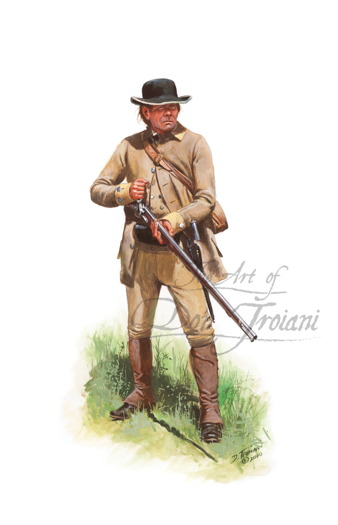 18th Continental Infantry Private. Illustration of a soldier in uniform holding a rifle on a white background