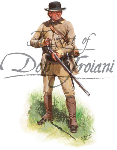 Wall art print of 18th Continental Infantry Private wearing a brown uniform. Soldier is armed with a musket.