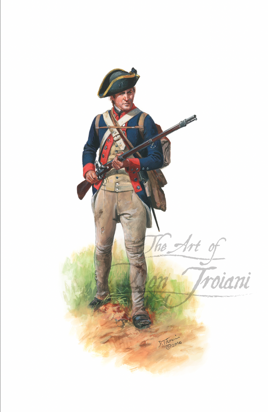 Delaware Regiment. Painting of a Revolutionary War soldier holding a rifle on a white background with 'The Art of Don Troiani' logo.