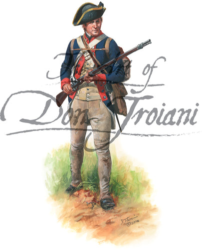 Don Troiani wall art print Delaware Regiment. Soldier is wearing blue jacket and holding a musket.