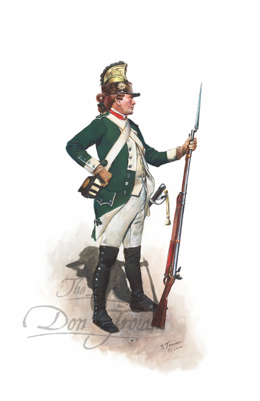 French Private. Illustration of a soldier in historical military uniform holding a rifle on a white background
