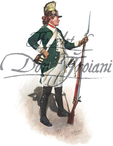 Don Troiani wall art print French Private, dismounted Belsunce Dragoon. Dragoon is wearing green jacket and holding musket with bayonet.