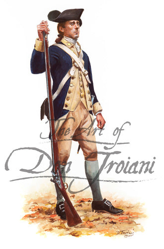 Don Troiani wall art print "Pittsfield Minute Company". Soldier is wearing white uniform and blue jacket. He is posing with a musket.