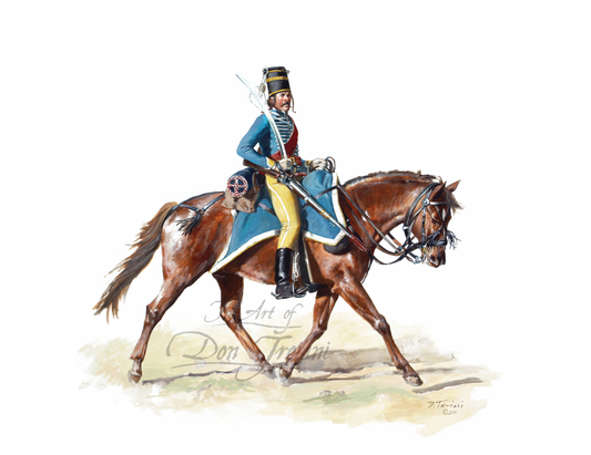 French Hussar. Painting of a soldier on horseback with 'Art of Don Troiani' watermark