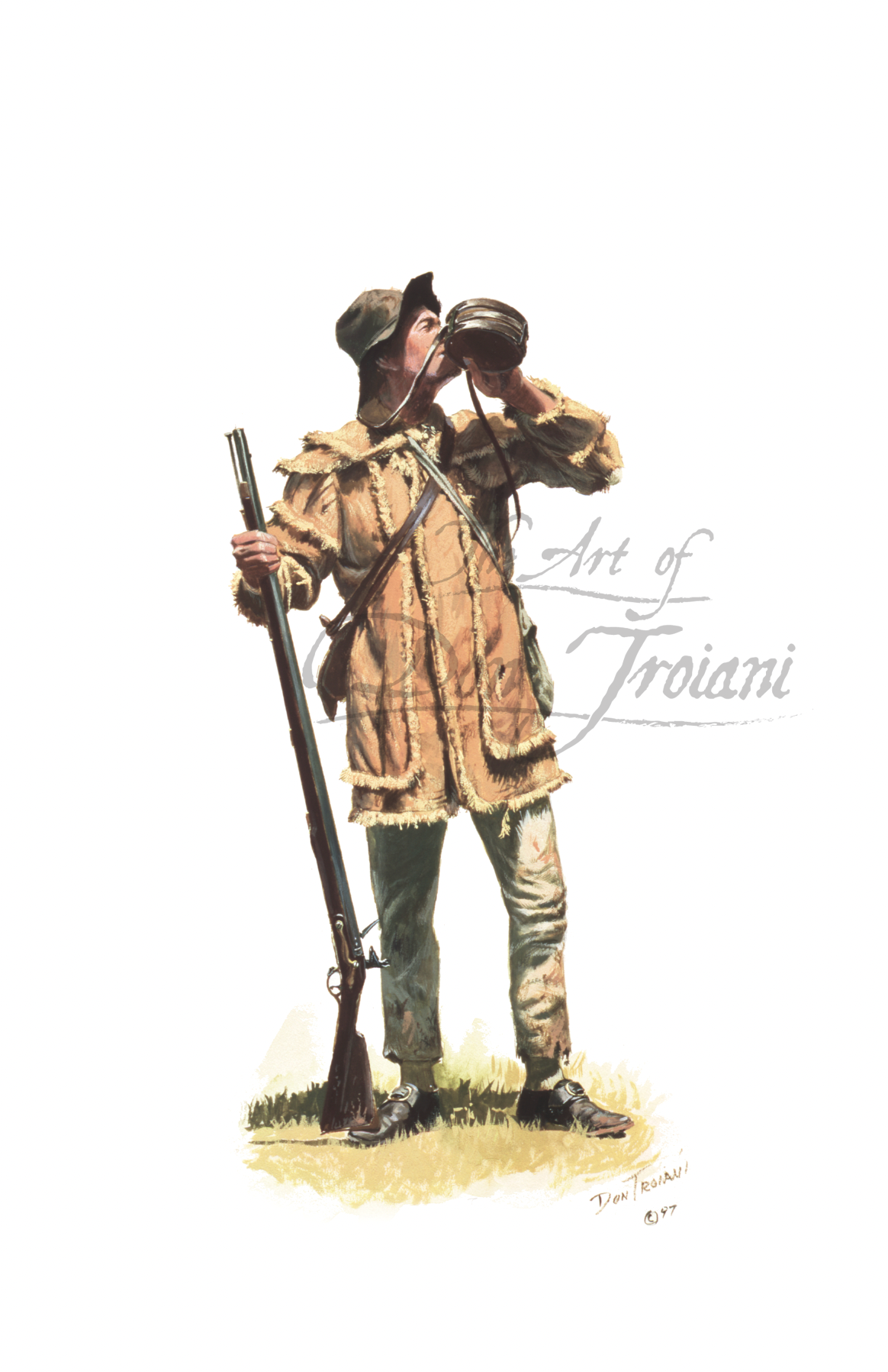 Illustration of North Carolina Militia man with a rifle and water jug.