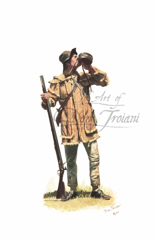 Illustration of North Carolina Militia man with a rifle and water jug.