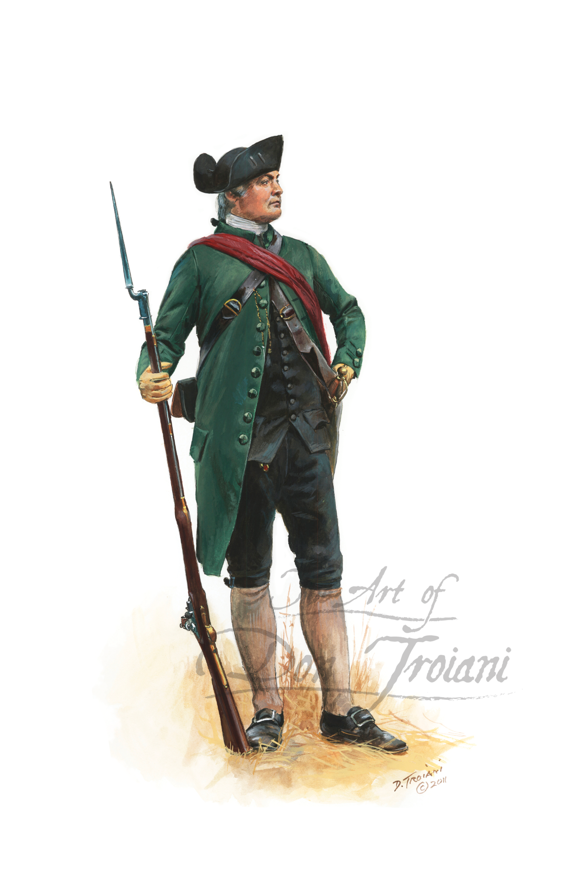 Major John Buttrick. Historical figure in colonial attire holding a rifle on a white background
