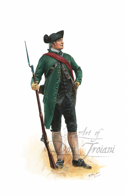 Major John Buttrick. Historical figure in colonial attire holding a rifle on a white background