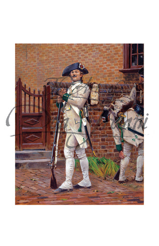 Don Troiani wall art print Chasseur of the French Saintonge Regiment. Soldier is wearing white uniform with blue hat. Soldier is armed with a musket.