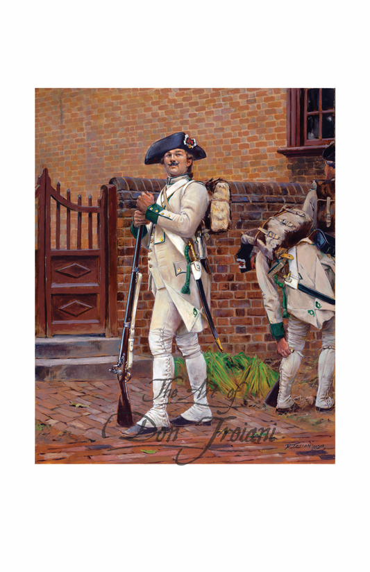 Chasseur of the French Saintonge Regiment. Two men in colonial-style clothing with rifles standing in front of a brick wall.