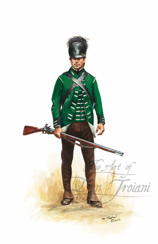 Artistic depiction of a soldier in green uniform holding a rifle on a white background
