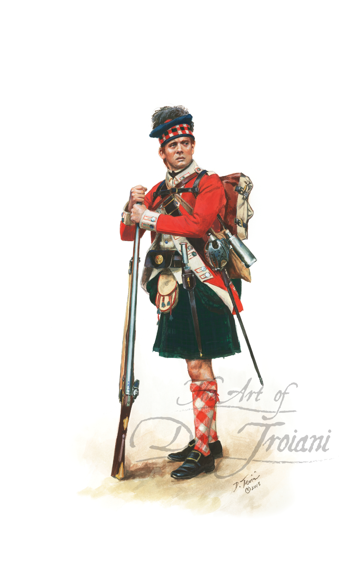71st Regiment Of Foot Fraser's Highlanders. Painting of a Scottish soldier in uniform with a rifle on a white background